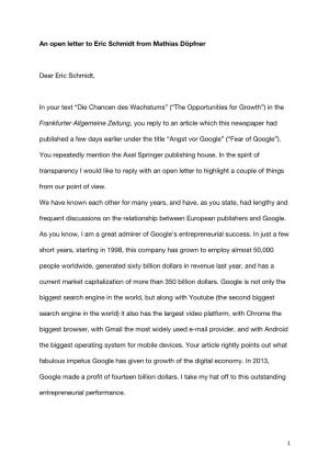 An Open Letter to Eric Schmidt from Mathias Döpfner Dear Eric Schmidt
