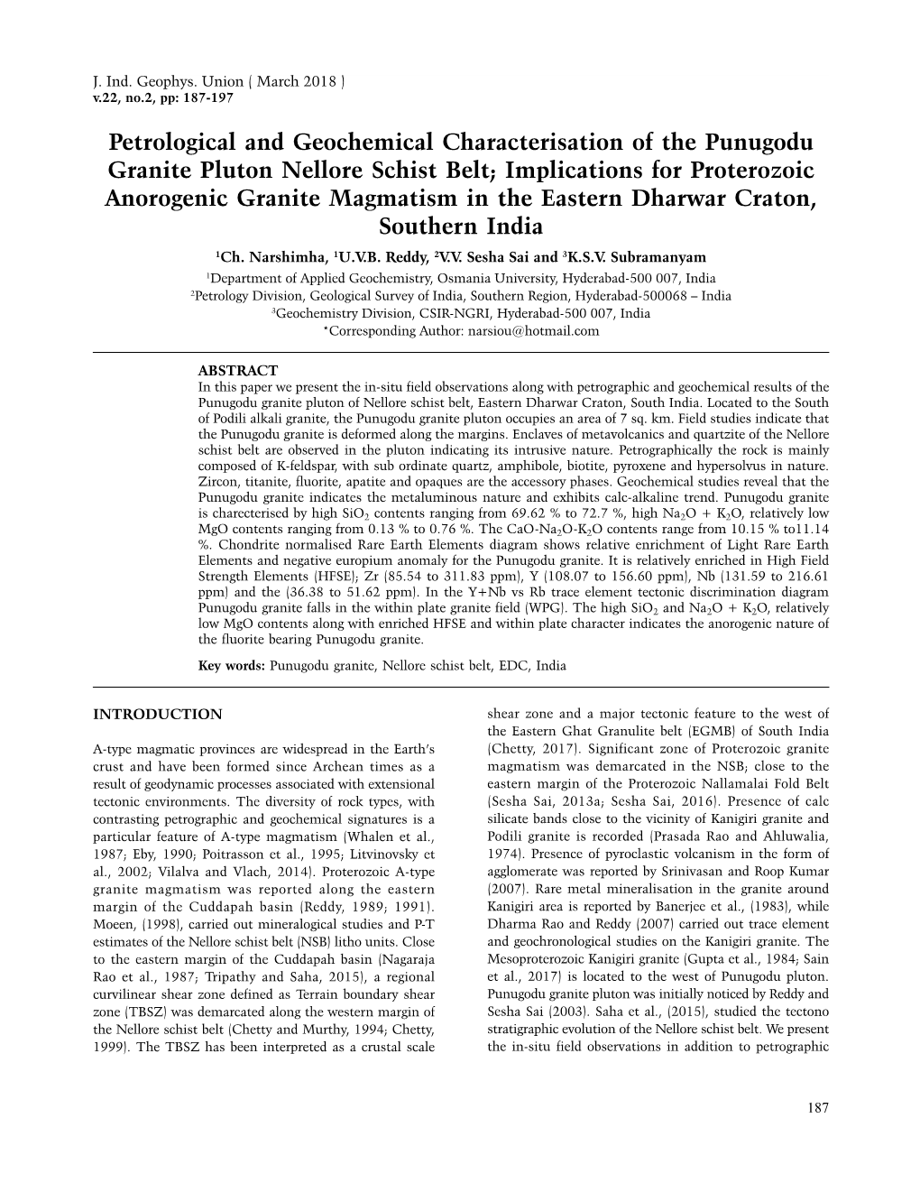 Petrological and Geochemical Characterisation of the Punugodu