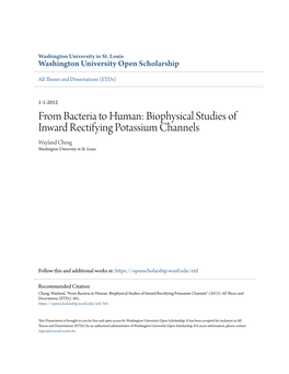 Biophysical Studies of Inward Rectifying Potassium Channels Wayland Cheng Washington University in St