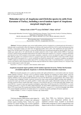 Molecular Survey of Anaplasma and Ehrlichia Species in Cattle from Karaman of Turkey, Including a Novel Tandem Report of Anaplasma Marginale Msp1a Gene