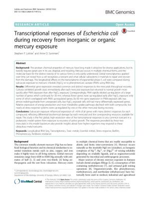 Transcriptional Responses of Escherichia Coli During Recovery from Inorganic Or Organic Mercury Exposure Stephen P