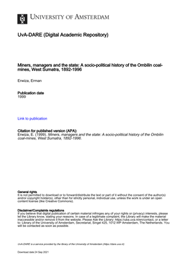 A Socio-Political History of the Ombilin Coal- Mines, West Sumatra, 1892-1996