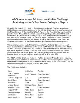 WBCA Announces Additions to All-Star Challenge Featuring Nation's Top Senior Collegiate Players