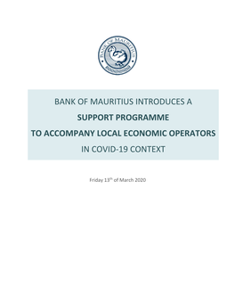 Bank of Mauritius Introduces a Support Programme To