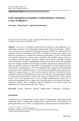 Leaf Variegation in Caladium Steudneriifolium (Araceae): a Case of Mimicry?