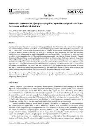Taxonomic Assessment of Diporiphora (Reptilia: Agamidae) Dragon Lizards from the Western Arid Zone of Australia