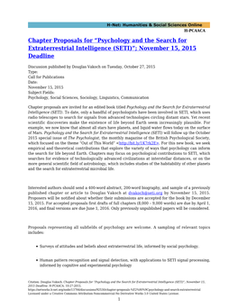 Psychology and the Search for Extraterrestrial Intelligence (SETI)”; November 15, 2015 Deadline