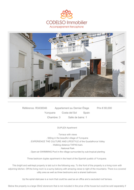 Référence. R3438346 Appartement Au Dernier Étage Prix € 80,000 Yunquera Costa Del Sol Spain Chambre: 3 Salle De Bains: 1