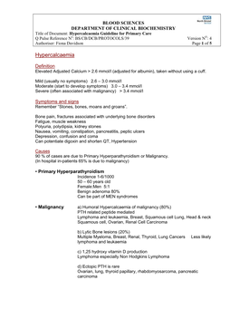 Hypercalcaemia Guideline for Primary Care Q Pulse Reference No: BS/CB/DCB/PROTOCOLS/39 Version NO: 4 Authoriser: Fiona Davidson Page 1 of 5