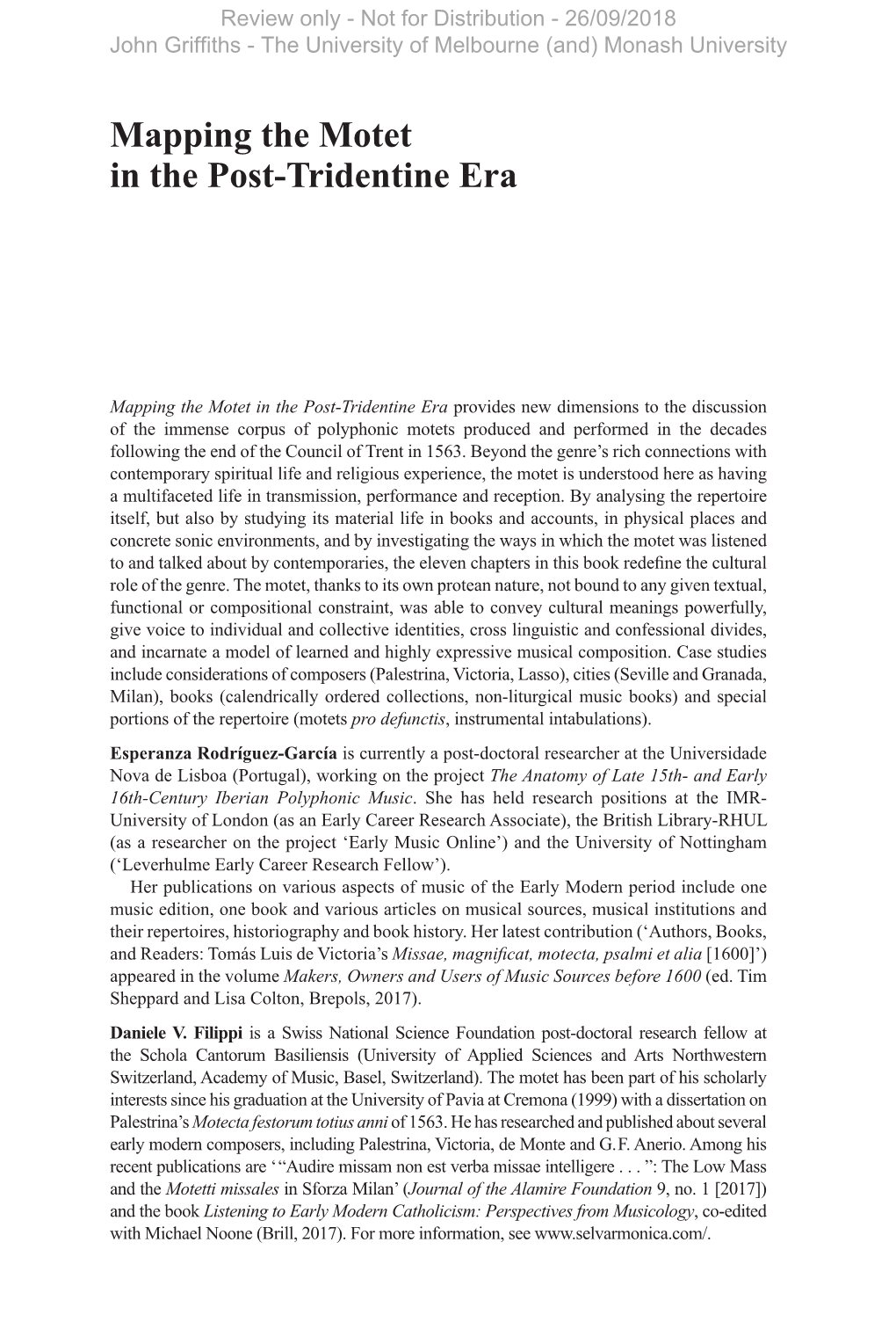 Mapping the Motet in the Post-Tridentine Era Edited by Esperanza Rodríguez-García and Daniele V. Filippi