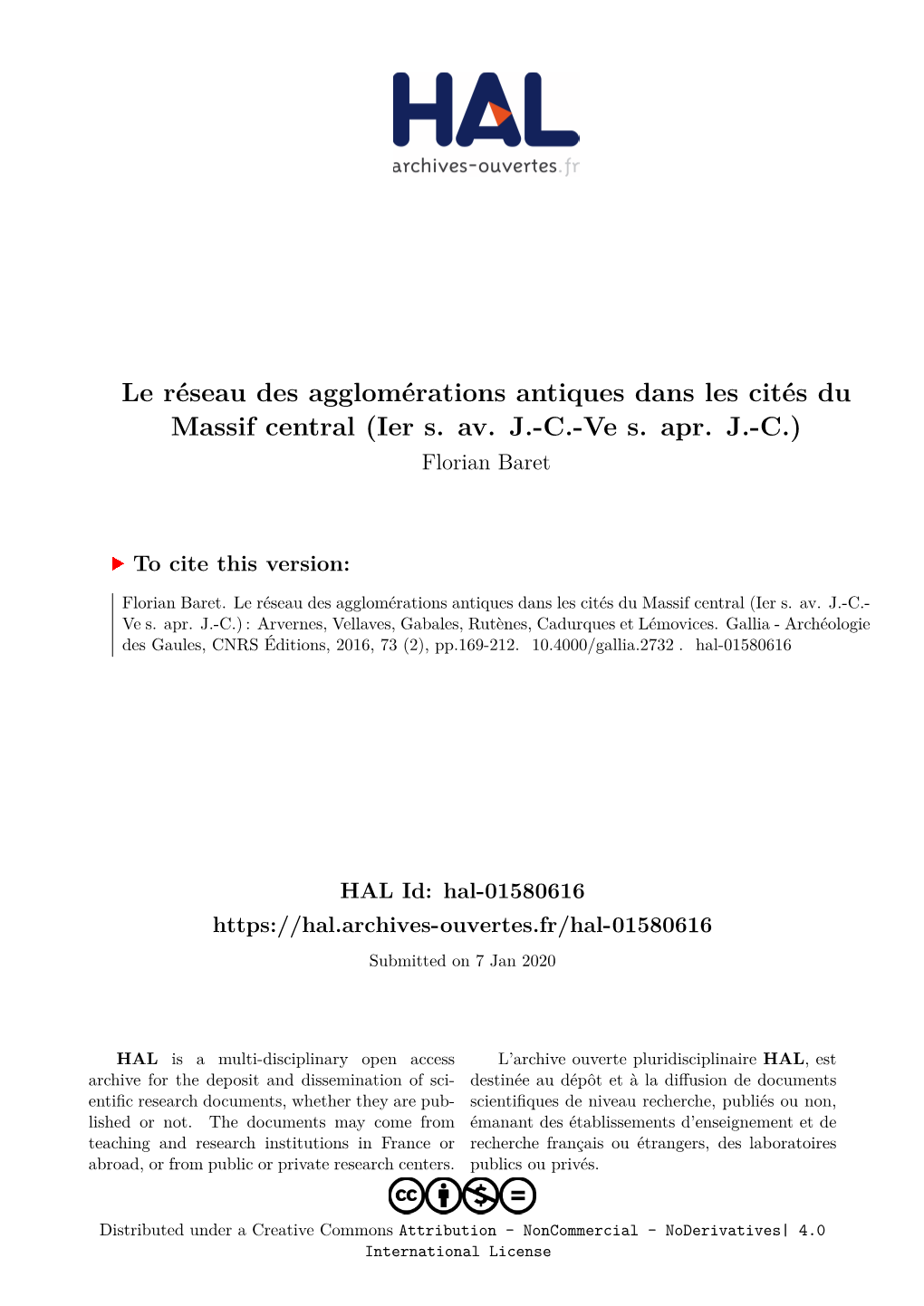 Le Réseau Des Agglomérations Antiques Dans Les Cités Du Massif Central (Ier S. Av. J.-C.-Ve S. Apr. J.-C.) Florian Baret