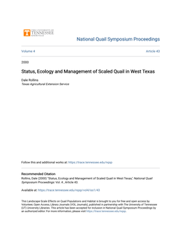 Status, Ecology and Management of Scaled Quail in West Texas