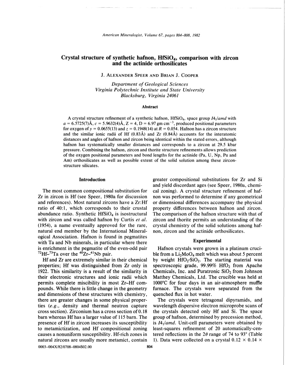 Crystal Structure of Synthetic Hafnon, Hfsi04, Comparison with Zircon and the Actinide Orthosilicates