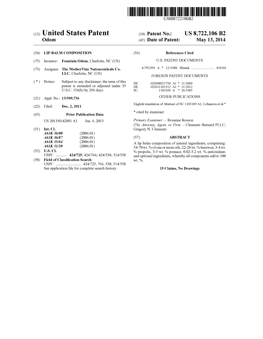 (12) United States Patent (10) Patent No.: US 8,722,106 B2 Odom (45) Date of Patent: May 13, 2014