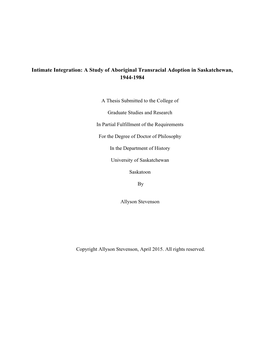 A Study of Aboriginal Transracial Adoption in Saskatchewan, 1944-1984