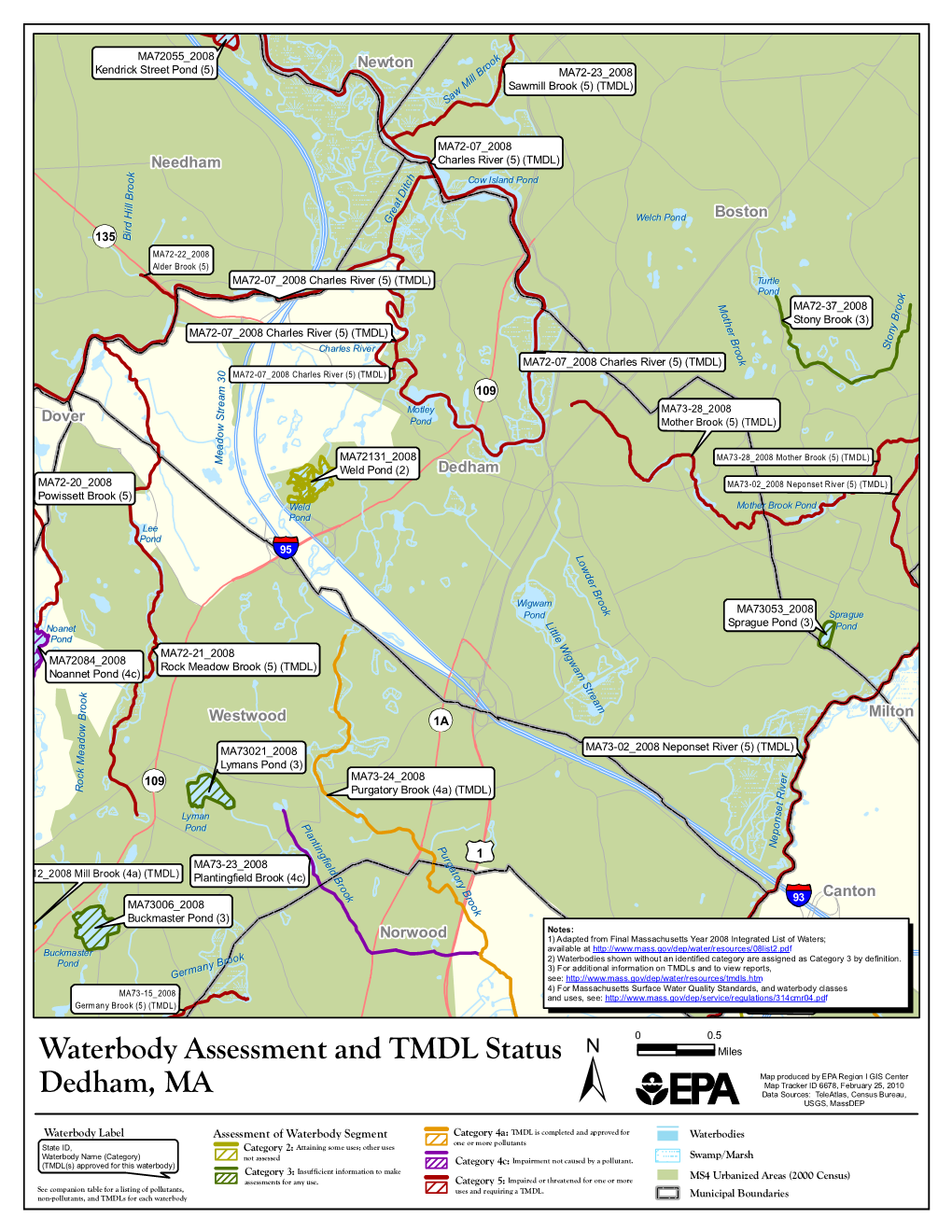 Dedham, MA Waterbody Assessment, 305(B)/303(D), and Total Maximum