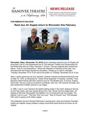 Rock Duo Air Supply Return to Worcester This February