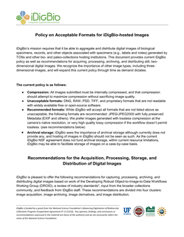 Policy on Acceptable Formats for Idigbio-Hosted Images Recommendations for the Acquisition, Processing, Storage, and Distributio