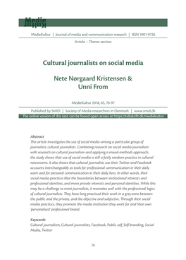 Cultural Journalists on Social Media Nete Nørgaard Kristensen & Unni