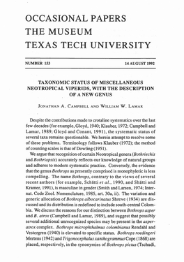 Taxonomic Status of Miscellaneous Neotropical Viperids, with the Description of a New Genus