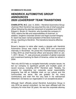 Hendrick Automotive Group Announces 2020 Leadership Team Transitions