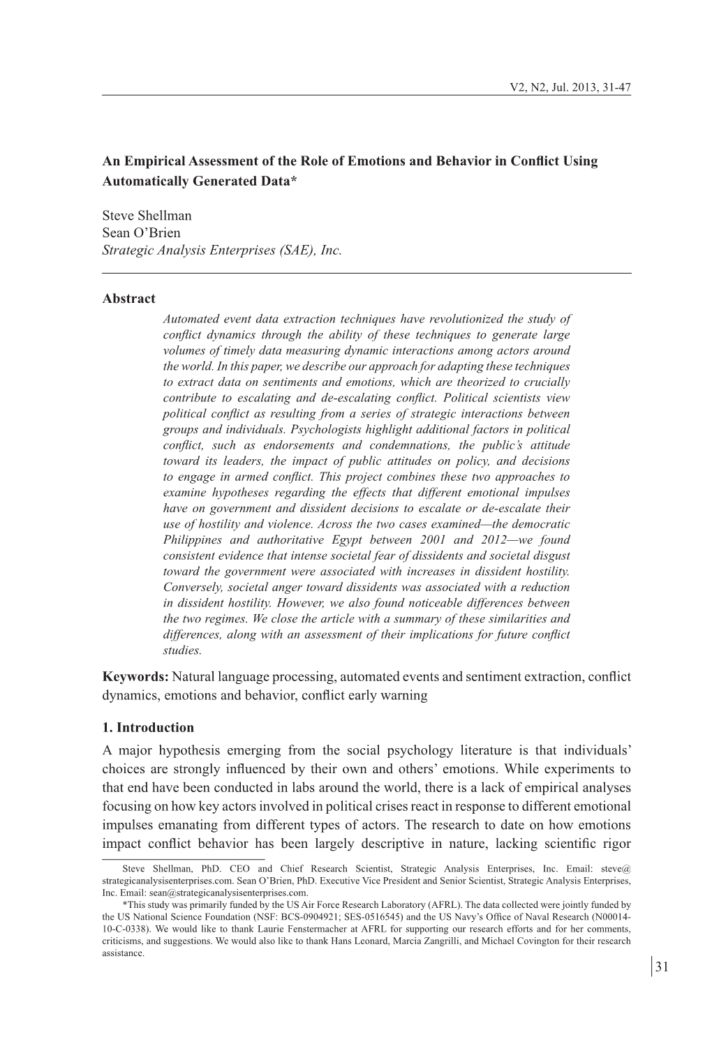 31 an Empirical Assessment of the Role of Emotions and Behavior in Conflict Using Automatically Generated Data* Abstract Keyword