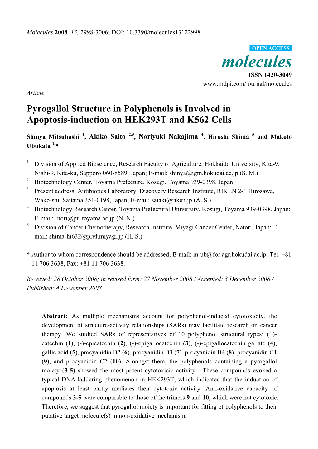 Pyrogallol Structure in Polyphenols Is Involved in Apoptosis-Induction on HEK293T and K562 Cells