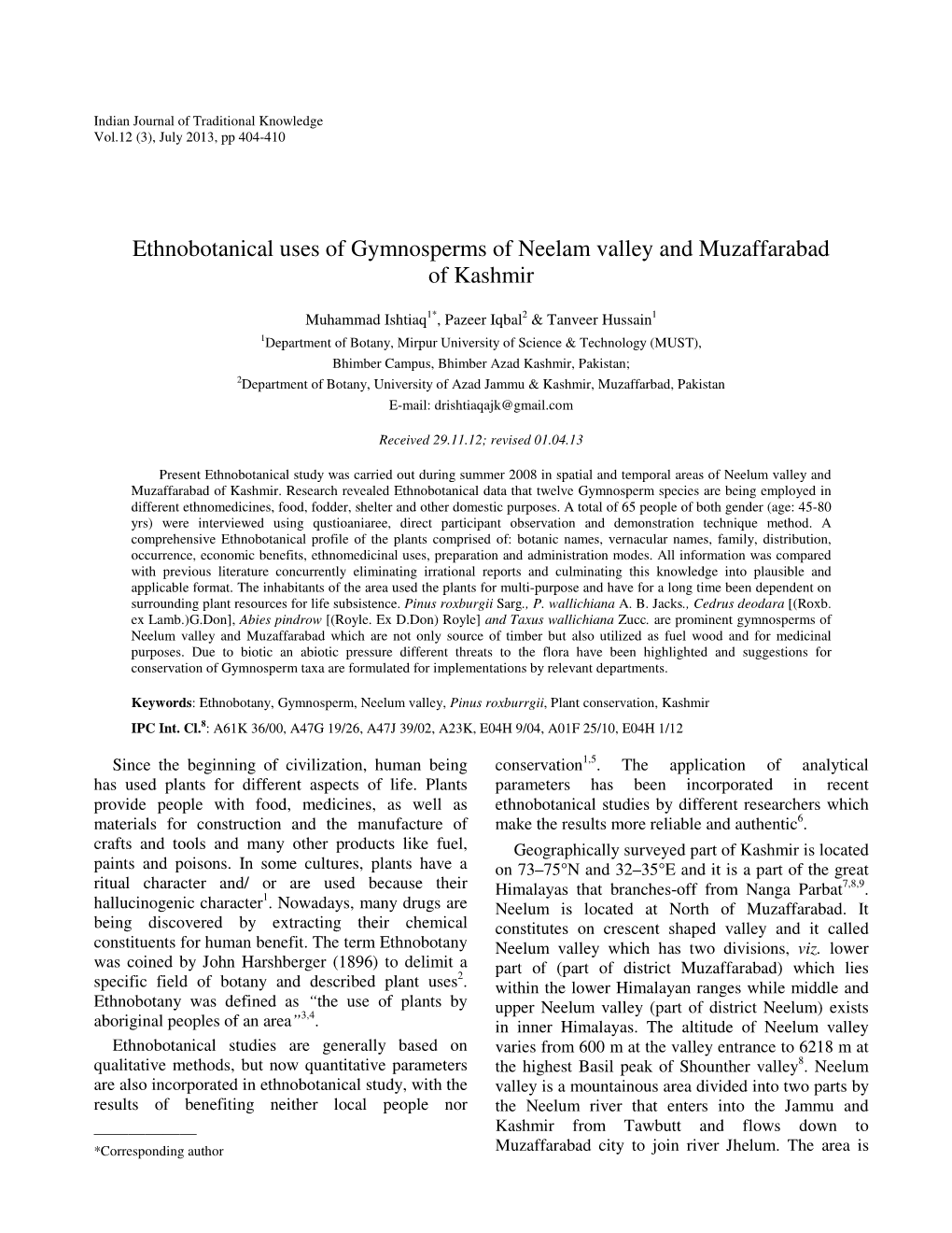 Ethnobotanical Uses of Gymnosperms of Neelam Valley and Muzaffarabad of Kashmir