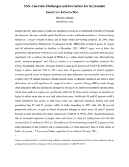 SDG -6 in India: Challenges and Innovation for Sustainable Sanitation Introduction Manisha, Manjari CSIR-NISTADS, India