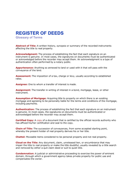 REGISTER of DEEDS Glossary of Terms
