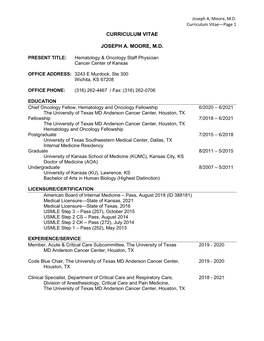 Joseph A. Moore, MD Curriculum Vitae—Page 1