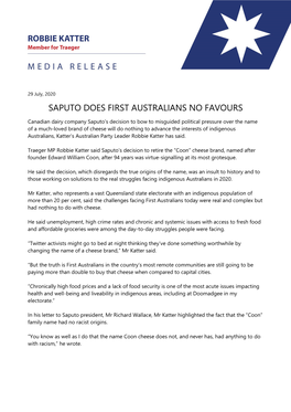 Saputo Does First Australians No Favours