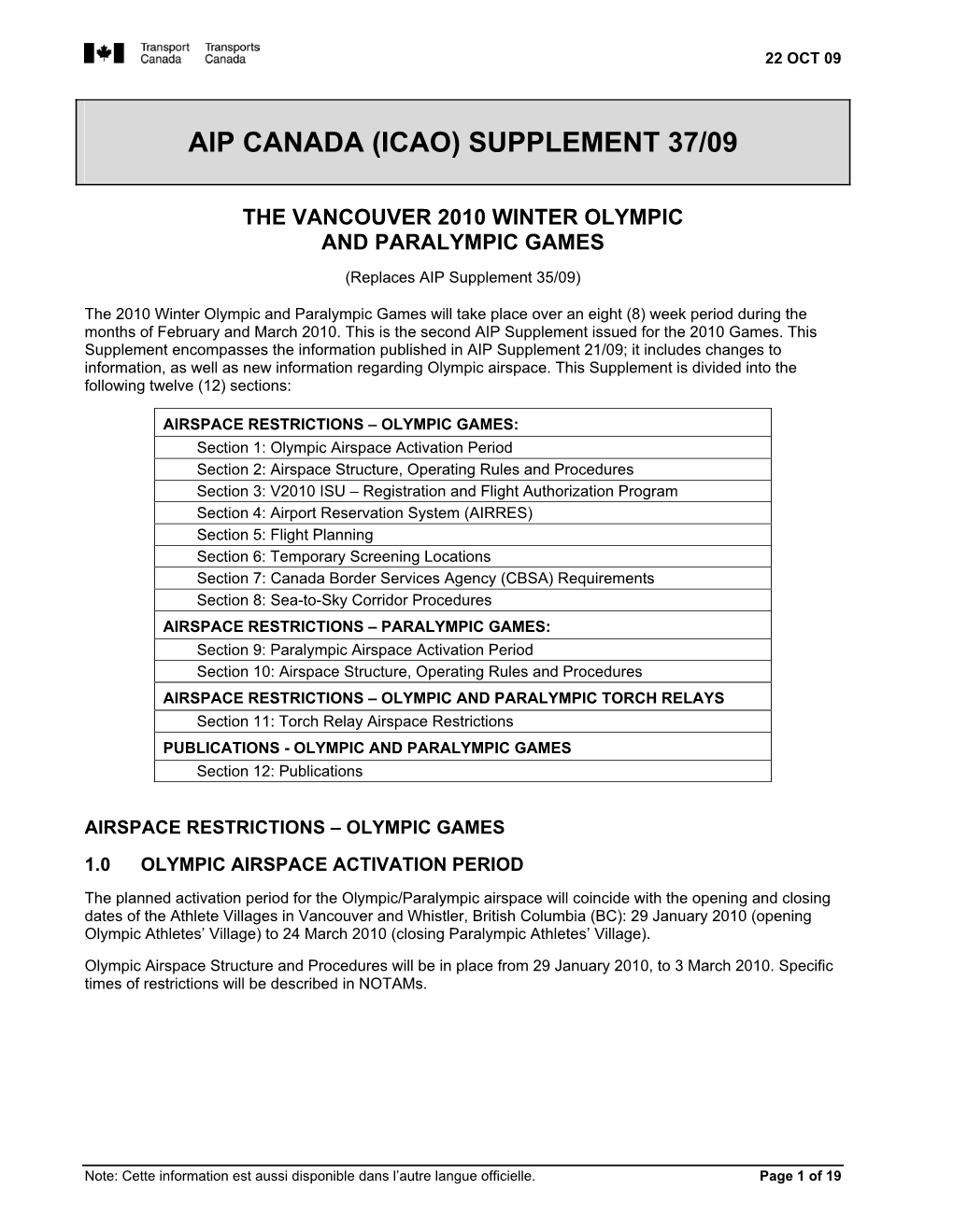 Aip Canada (Icao) Supplement 37/09