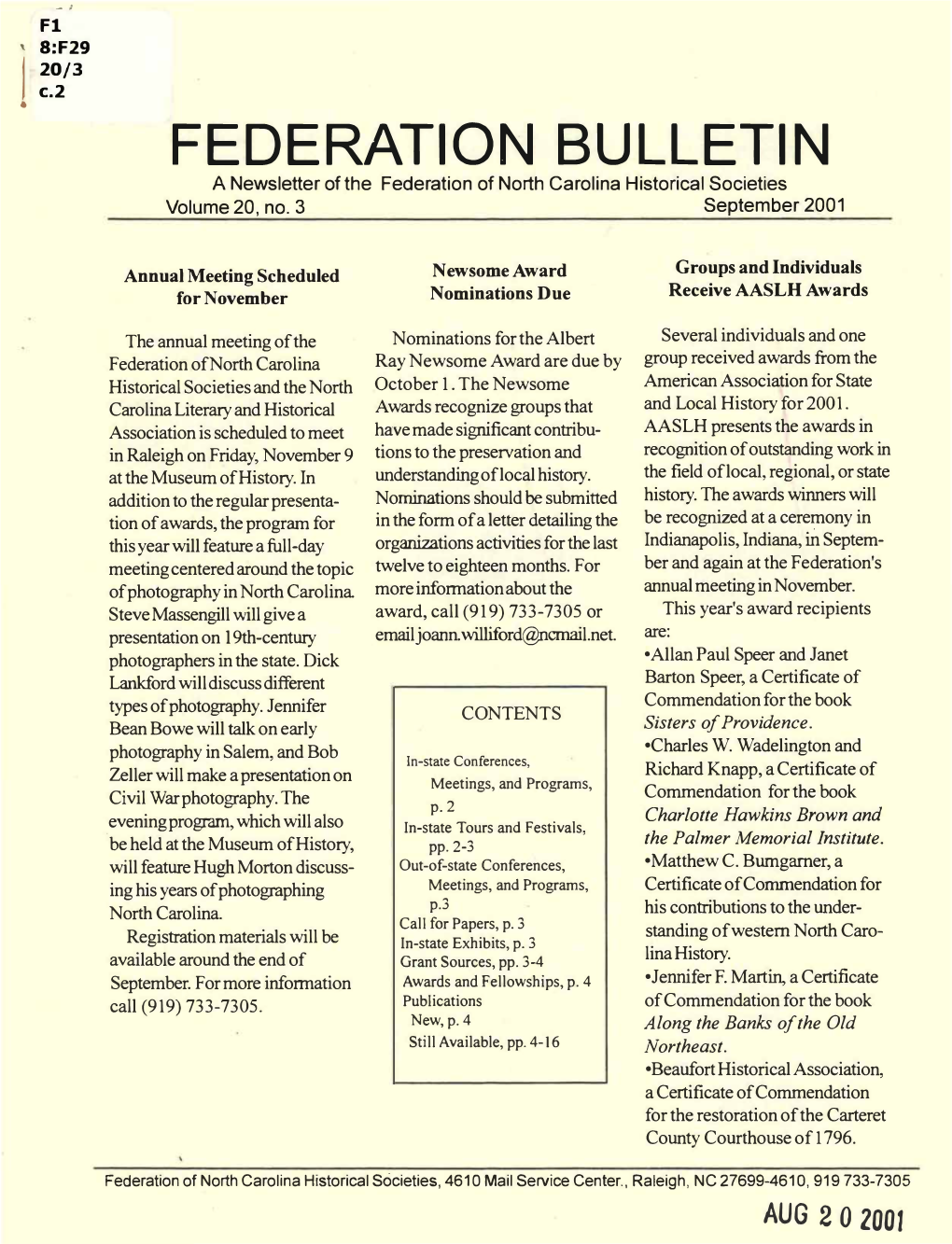FEDERATION BULLETIN a Newsletter of the Federation of Northcarolina Historical Societies Volume 20, No