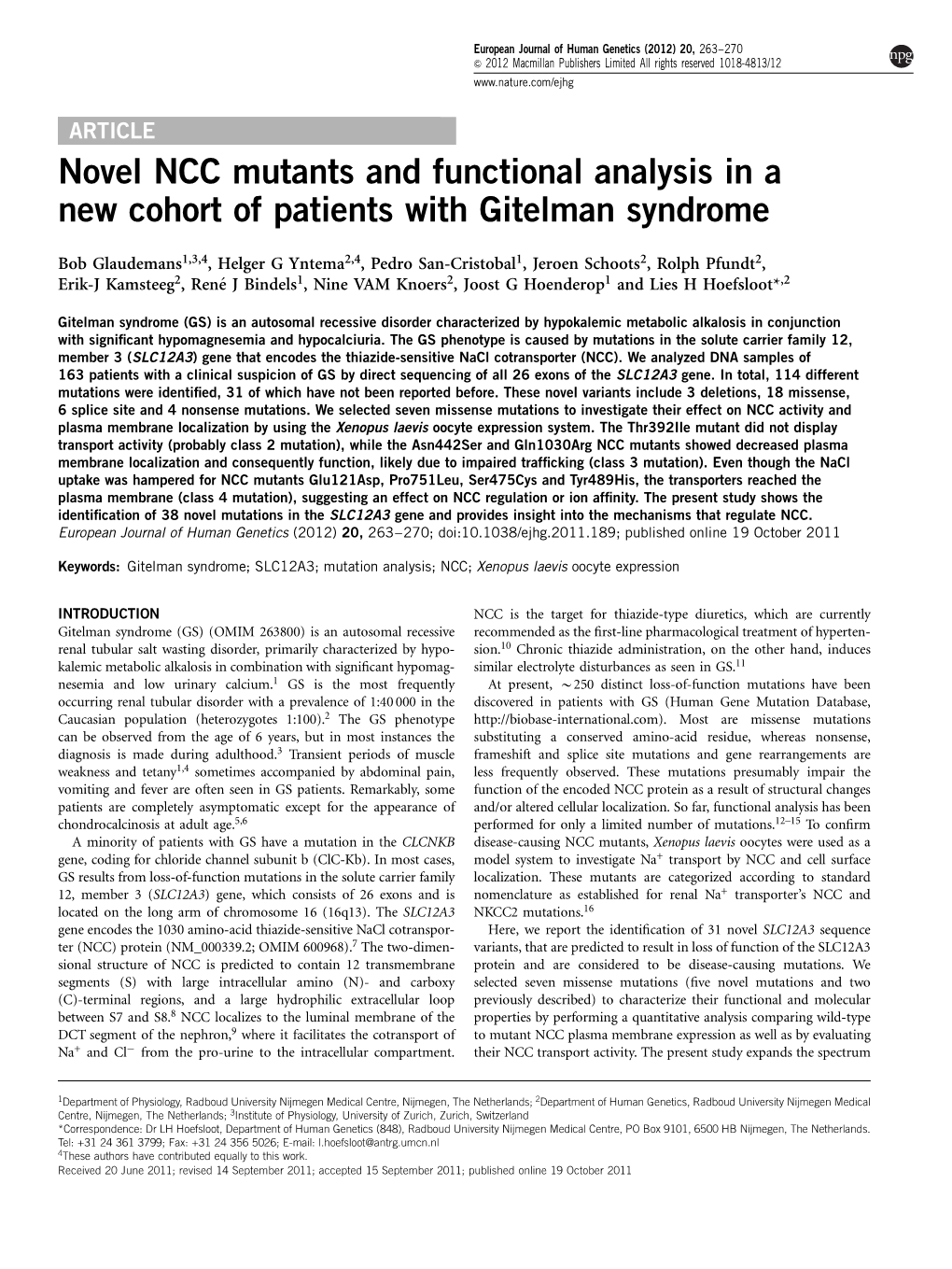 Novel NCC Mutants and Functional Analysis in a New Cohort of Patients with Gitelman Syndrome