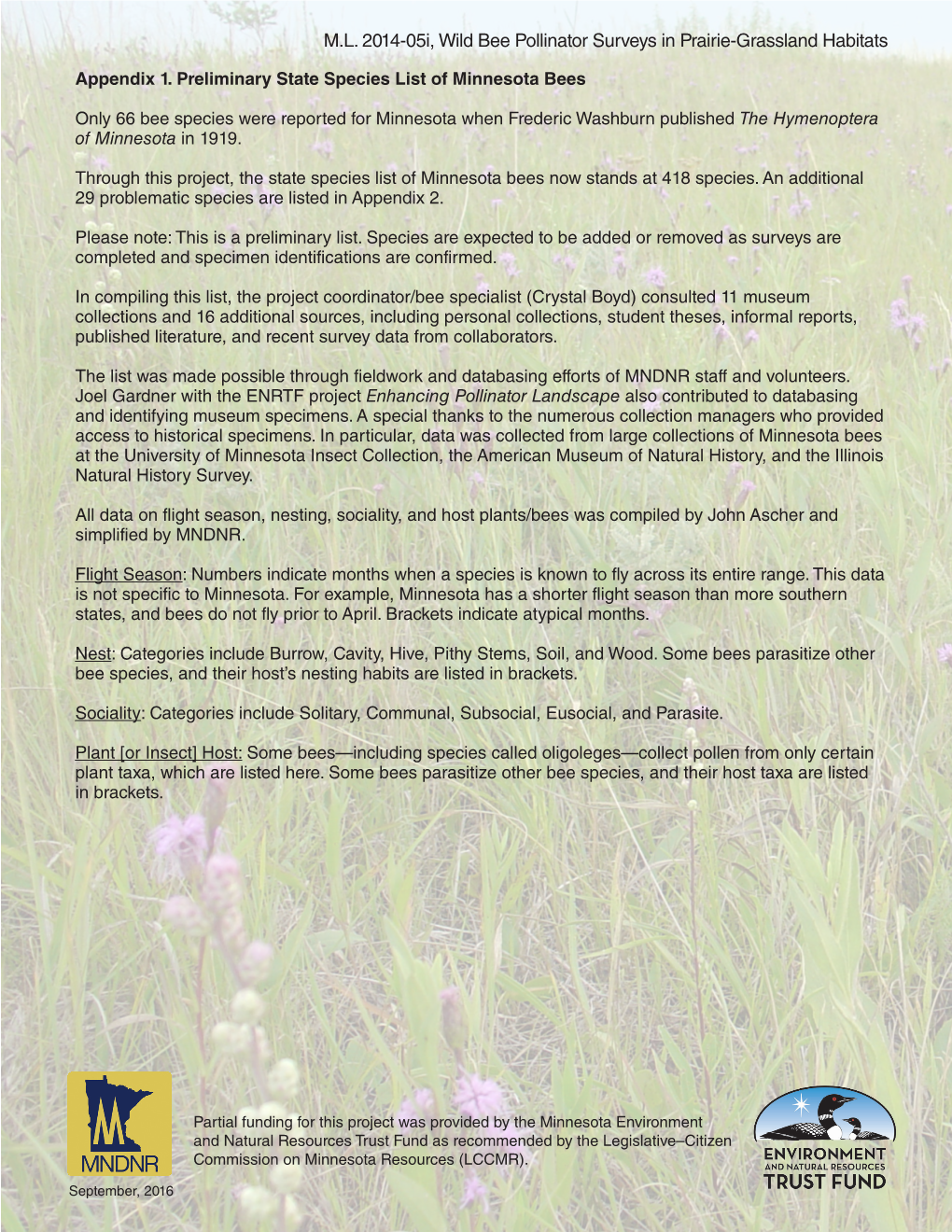 M.L. 2014-05I, Wild Bee Pollinator Surveys in Prairie-Grassland Habitats