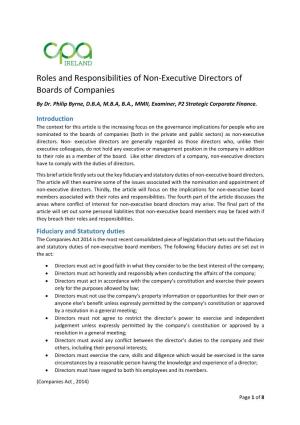 Roles and Responsibilities of Non-Executive Directors of Boards of Companies by Dr