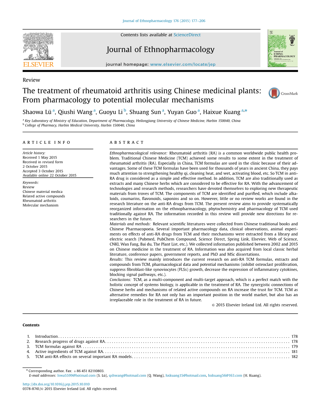 The Treatment of Rheumatoid Arthritis Using Chinese Medicinal Plants from Pharmacology to Potential Molecular Mechanisms