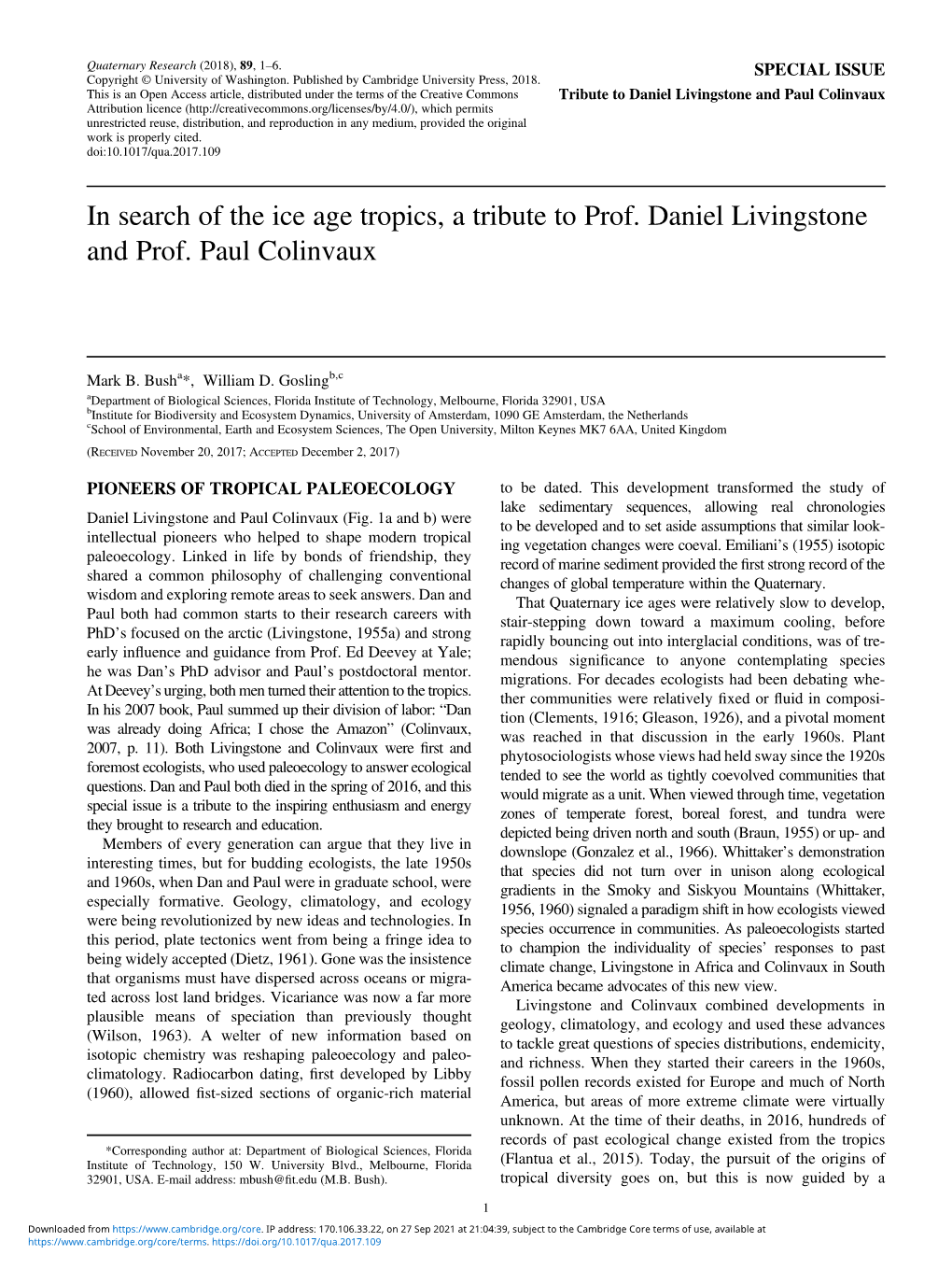 In Search of the Ice Age Tropics, a Tribute to Prof. Daniel Livingstone and Prof