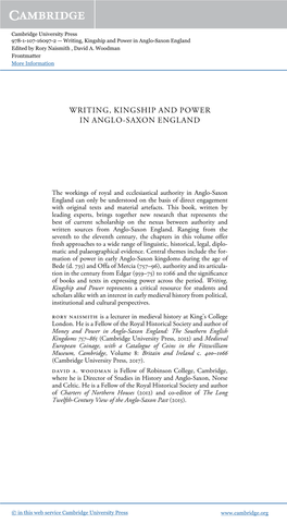 Writing, Kingship and Power in Anglo-Saxon England Edited by Rory Naismith , David A