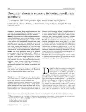 Doxapram Shortens Recovery Following Sevoflurane Anesthesia [Le Doxapram Hâte La Récupération Après Une Anesthésie Au Sévoflurane]
