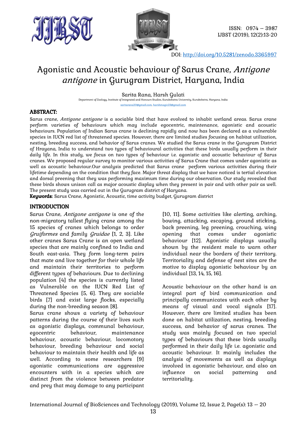 Agonistic and Acoustic Behaviour of Sarus Crane, Antigone Antigone in Gurugram District, Haryana, India