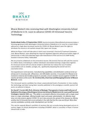 Bharat Biotech Inks Licensing Deal with Washington University School of Medicine in St