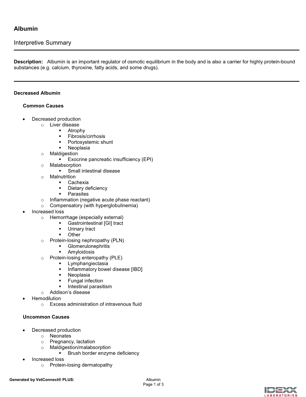 Albumin Interpretive Summary