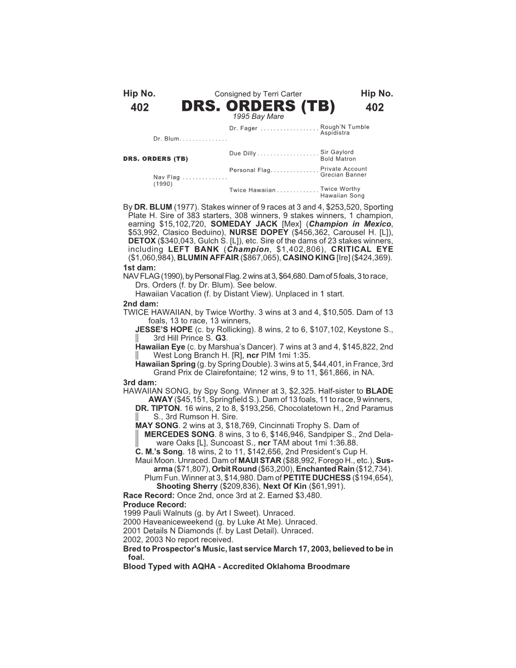 DRS. ORDERS (TB) 402 1995 Bay Mare Dr