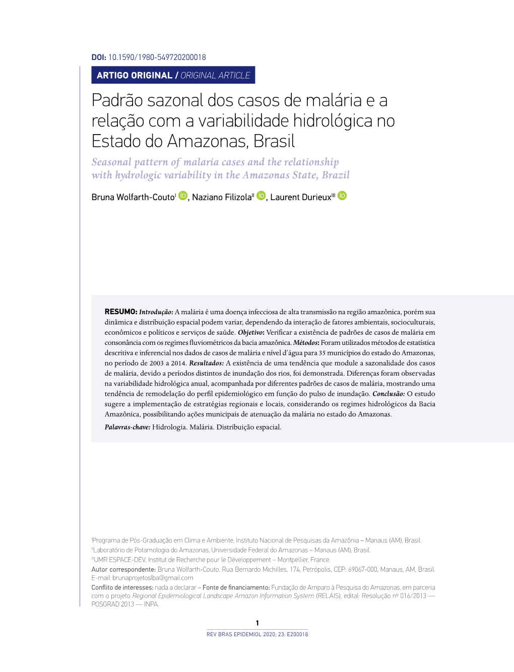 Seasonal Pattern of Malaria Cases and the Relationship with Hydrologic Variability in the Amazonas State, Brazil