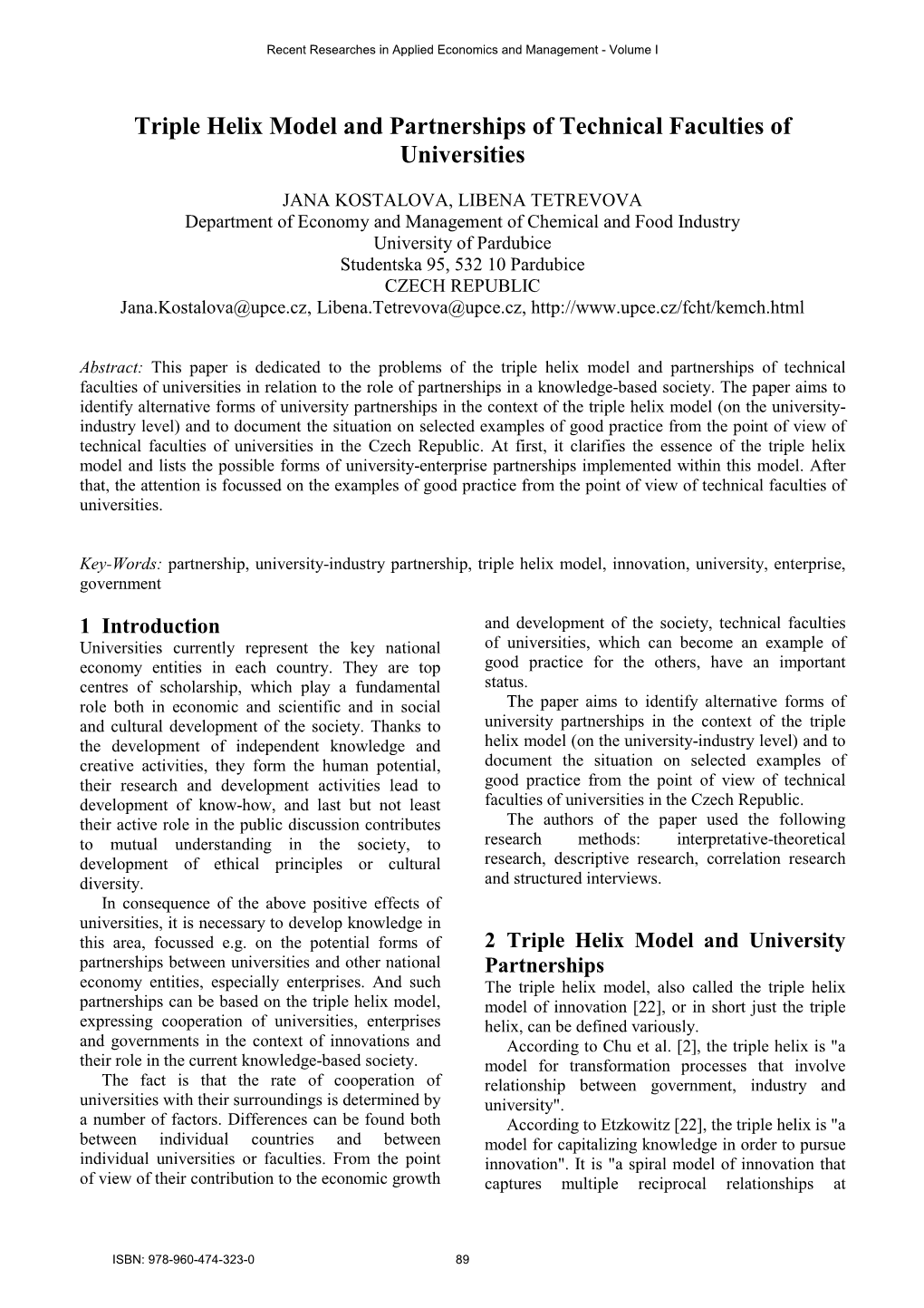 Triple Helix Model and Partnerships of Technical Faculties of Universities