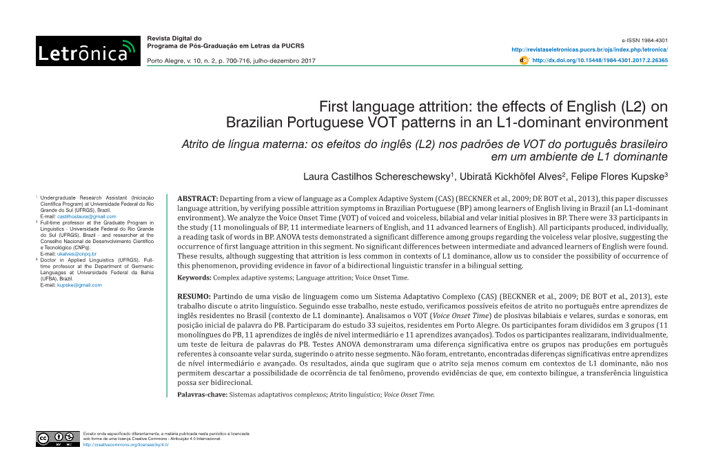 On Brazilian Portuguese Vot Patterns in an L1