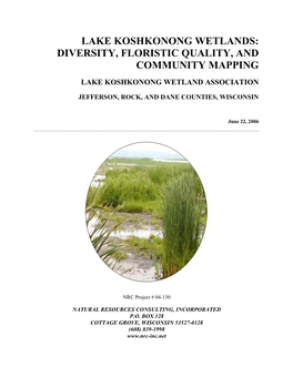 Lake Koshkonong Wetlands: Diversity, Floristic Quality, and Community Mapping