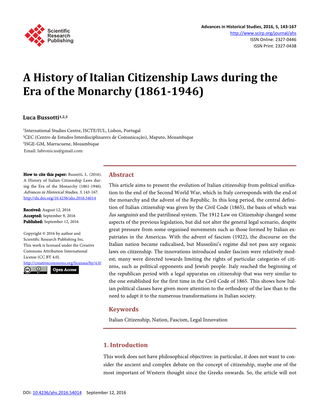 A History of Italian Citizenship Laws During the Era of the Monarchy (1861-1946)